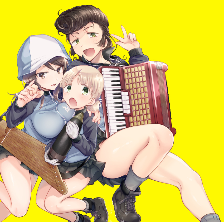 3girls absurdres accordion aki_(girls_und_panzer) ankle_boots arm_around_shoulder black_footwear black_skirt blue_headwear blue_jacket boots brown_eyes brown_hair commentary floating frown girls_und_panzer gloves green_eyes grey_socks hair_tie hat highres holding holding_instrument instrument jacket kantele keizoku_military_uniform knee_up koyama_harutarou legs_up light_brown_hair long_hair long_sleeves looking_at_viewer low_twintails mika_(girls_und_panzer) military_uniform miniskirt multiple_girls open_mouth pleated_skirt pompadour raglan_sleeves short_hair short_twintails skirt smile socks tank_shell textless_version track_jacket tulip_hat twintails uniform white_gloves yellow_background yuri_(girls_und_panzer)