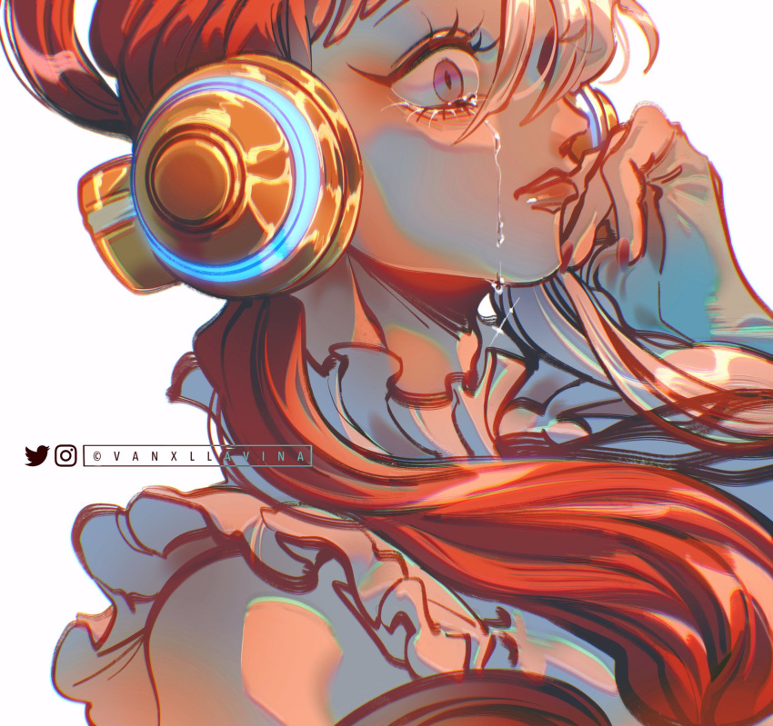 1girl close-up crying crying_with_eyes_open english_commentary headphones highres instagram_username looking_ahead multicolored_hair one_piece one_piece_film:_red profile red_lips red_nails simple_background solo tears twintails twitter_username two-tone_hair uta_(one_piece) vanxllavina white_background