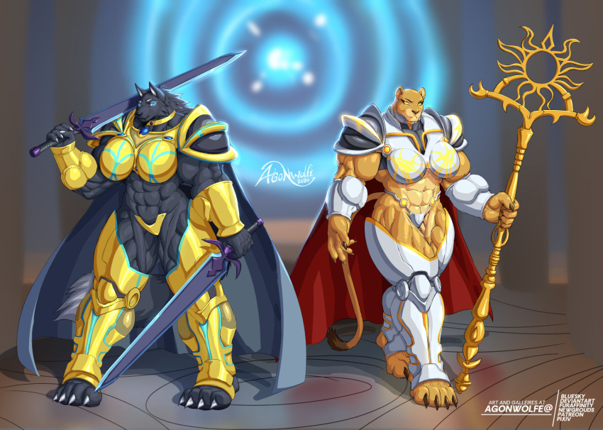 agonwolfe anthro armor barefoot big_muscles biped canid canine canis fantasy feet felid female huge_muscles hyper hyper_muscles lion mammal melee_weapon muscular pantherine plantigrade pose staff standing sword warriors weapon wolf