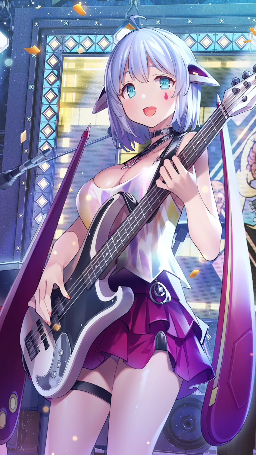 1girl :d ahoge aniya_jung_(girl_cafe_gun) bare_arms bare_shoulders bass_guitar black_choker blue_eyes blue_hair bob_cut breasts camisole choker cleavage confetti girl_cafe_gun headgear highres holding holding_instrument instrument large_breasts layered_skirt looking_at_viewer miniskirt official_art panties pantyshot purple_skirt screen short_hair skirt smile solo speaker stage star_ornament teardrop_facial_mark thigh_strap underwear upper_body white_camisole