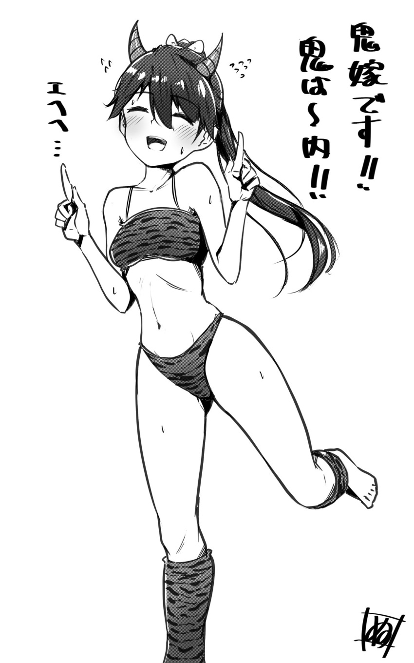 1girl alternate_costume animal_print barefoot bikini breasts commentary_request greyscale highres horns houshou_(kancolle) index_fingers_raised kantai_collection leg_warmers monochrome ponytail running small_breasts smile solo swimsuit tadokoro_nurikabe tiger_print translation_request