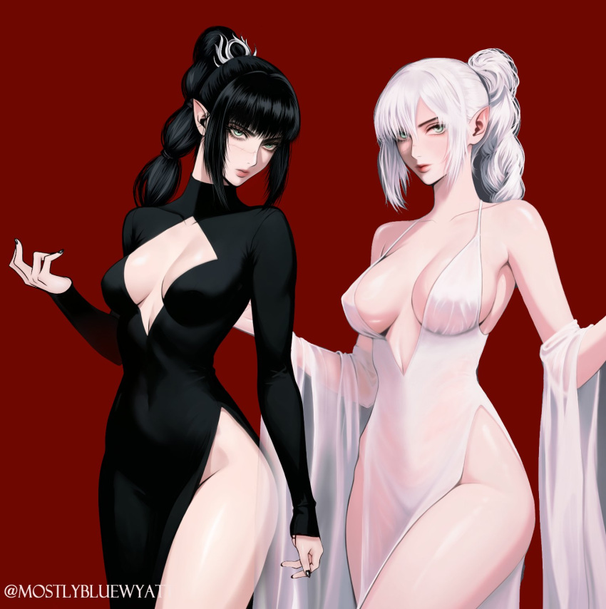 2girls arms_up baldur's_gate baldur's_gate_3 black_dress black_hair breasts dress dungeons_and_dragons english_commentary green_eyes highres looking_at_viewer mostlybluewyatt multiple_girls pointy_ears ponytail red_background scar scar_on_face shadowheart_(baldur's_gate) side_slit white_dress white_hair