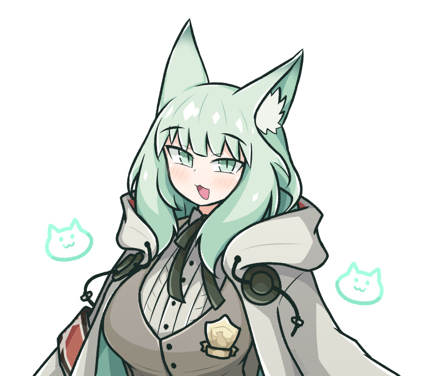 1girl :d absurdres animal_ear_fluff animal_ears arknights black_outline black_ribbon blush breasts buttons cat_ears cat_girl coat green_eyes green_hair grey_jacket harmonie_(arknights) highres hood hood_down hooded_coat jacket long_hair looking_at_viewer mumei518 neck_ribbon open_clothes open_coat open_mouth outline ribbon shirt simple_background slit_pupils smile solo upper_body white_background white_coat white_shirt