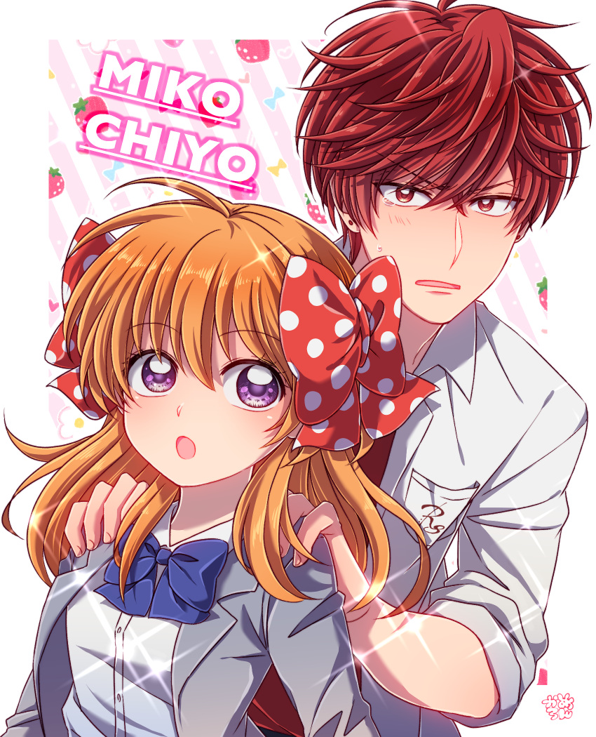 1boy 1girl :o blue_bow blue_bowtie bow bowtie character_name earrings food fruit gekkan_shoujo_nozaki-kun hair_bow highres jewelry kameron long_hair looking_at_viewer mikoshiba_mikoto pocket polka_dot polka_dot_bow purple_eyes red_bow red_eyes red_hair sakura_chiyo school_uniform short_hair sparkle strawberry stud_earrings upper_body