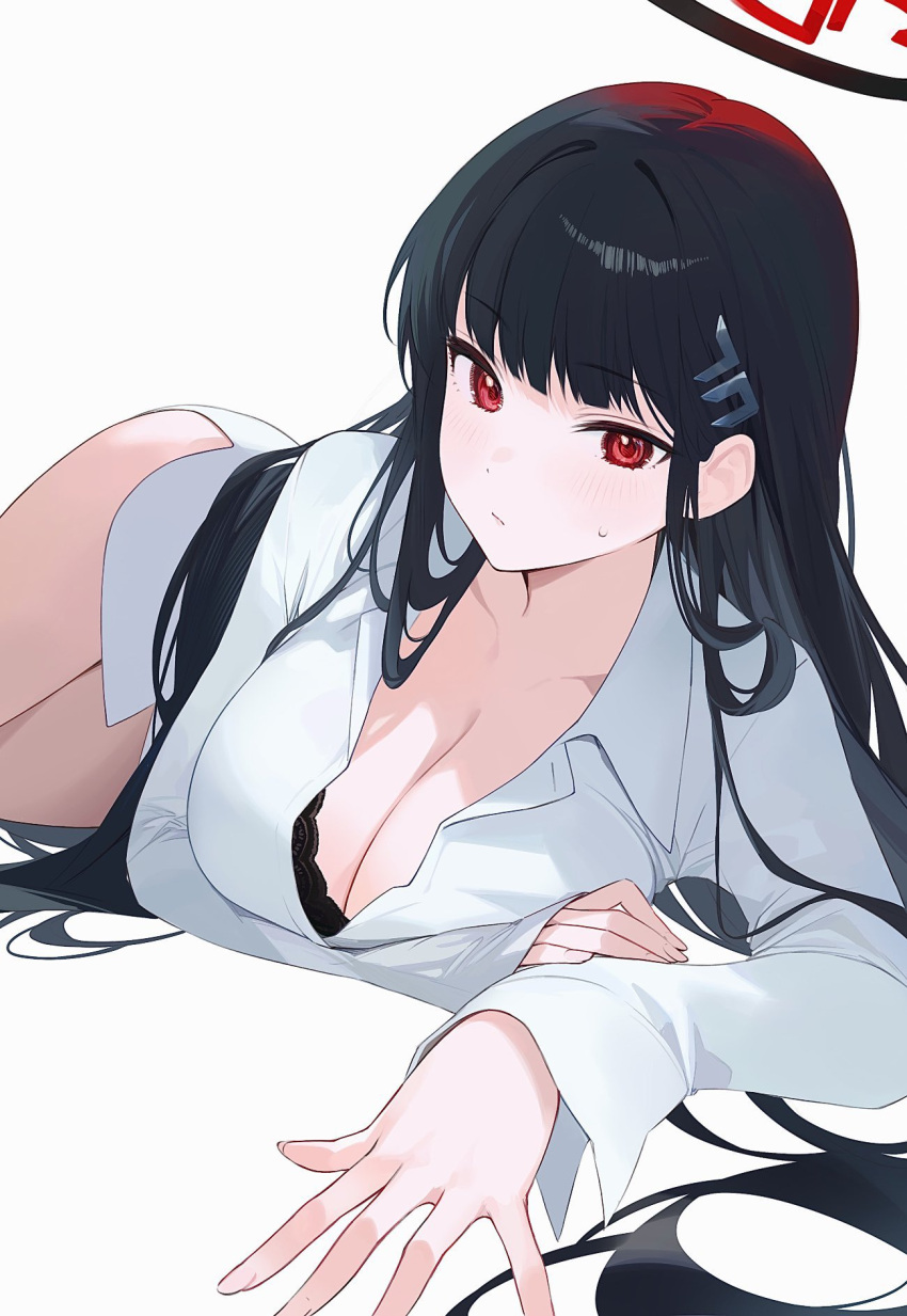 1girl black_bra black_hair black_halo blue_archive bra bra_peek breasts cleavage closed_mouth collarbone collared_shirt commentary_request hair_ornament hairclip hairpin halo highres large_breasts long_hair long_sleeves looking_at_viewer lying on_stomach red_eyes rio_(blue_archive) shirt simple_background sketch solo soybean_(hisoybean) underwear white_background white_shirt