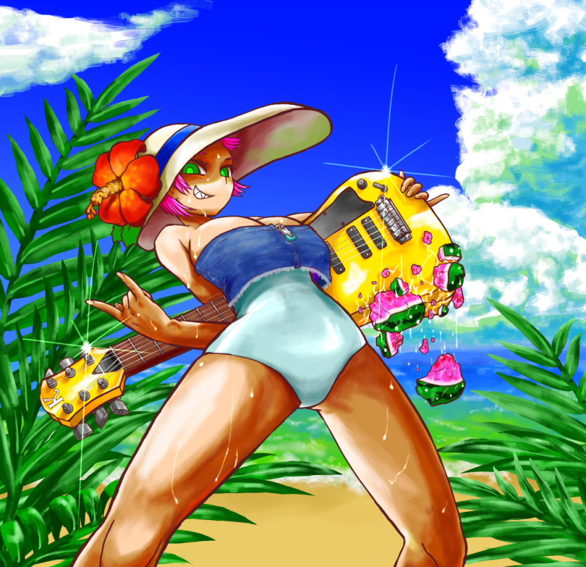 1girl blue_ribbon blue_sky breasts closed_mouth cloud dripping feet_out_of_frame flower food fruit glint green_eyes guitar instrument kick_katze large_breasts leaf looking_at_viewer one-piece_swimsuit original parted_lips pink_hair red_flower ribbon sharp_teeth short_hair sky smile solo strapless strapless_one-piece_swimsuit suikawari swimsuit teeth water watermelon white_headwear white_one-piece_swimsuit zipper zipper_pull_tab