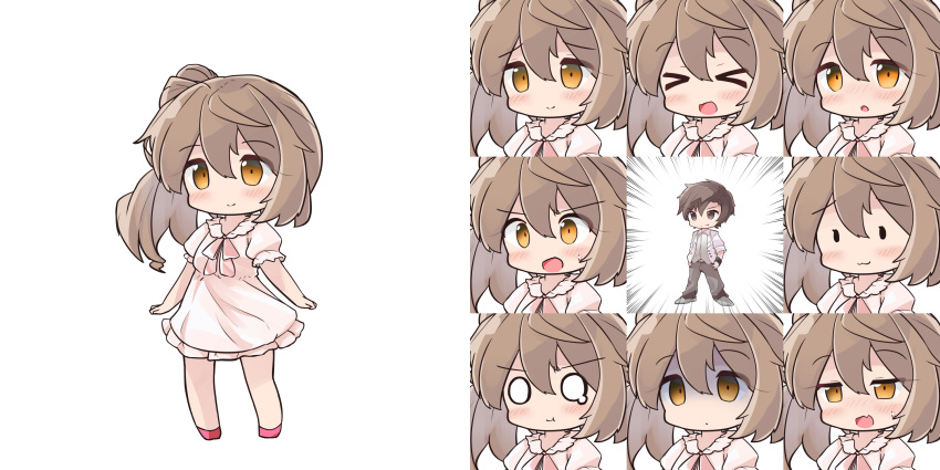 &gt;_&lt; 1boy 1girl :d :t blush brown_eyes brown_hair cevio chibi closed_eyes closed_mouth collared_shirt commentary_request dress dress_shirt emphasis_lines empty_eyes fang frilled_dress frills grey_footwear grey_pants hair_between_eyes half-closed_eyes highres jacket long_hair o_o open_clothes open_jacket orange_eyes pants pink_footwear puffy_short_sleeves puffy_sleeves ryogo satou_sasara shaded_face shirt shoes short_sleeves side_ponytail simple_background smile solid_oval_eyes sweat takahashi_amato v-shaped_eyebrows white_background white_dress white_jacket white_shirt