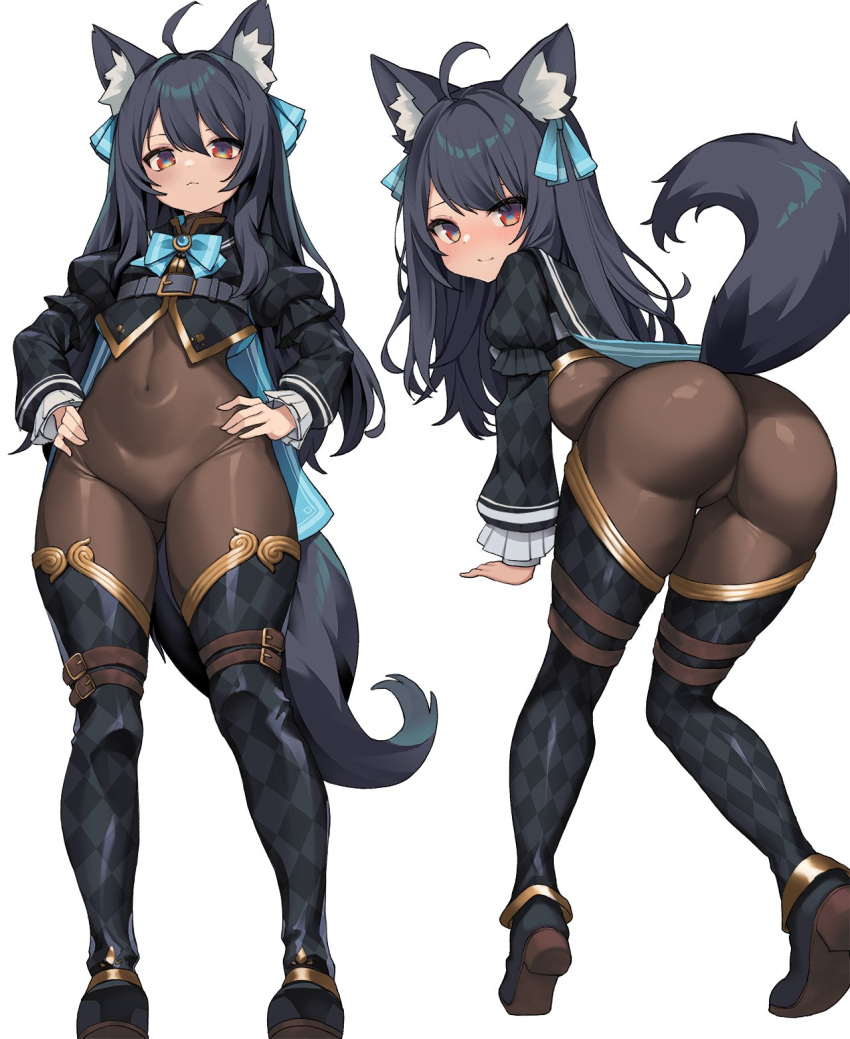 1girl akahara_tyun animal_ear_fluff animal_ears argyle_background argyle_clothes argyle_legwear argyle_shirt arm_support ass bent_over black_bodysuit black_footwear black_hair blue_background blue_bow blush bodysuit boots bow bowtie breasts cat_ears cat_girl cat_tail commission covered_navel cropped_shirt detached_pants drop_shadow from_behind full_body hair_between_eyes hair_ornament hands_on_own_hips highres impossible_bodysuit impossible_clothes juliet_sleeves long_hair long_sleeves looking_at_viewer looking_back midriff multiple_views navel original parted_bangs puffy_sleeves red_eyes simple_background skeb_commission small_breasts smile standing svartlilja_(vrchat) tail vrchat white_background