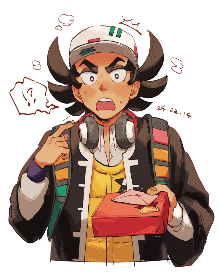 !? 1boy baseball_cap black_eyes black_hair blush box bright_pupils collared_shirt dated giacomo_(pokemon) gift gift_box hat headphones highres holding holding_box holding_gift jacket male_focus nuinu_nui pointing pointing_at_self pointy_hair pokemon pokemon_sv shirt speech_bubble team_star valentine white_pupils