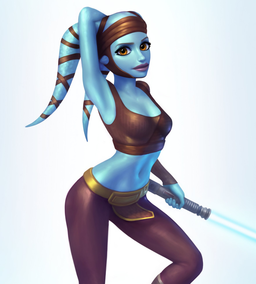 1girl aayla_secura alien arm_behind_head armpits blue_lightsaber blue_skin breasts brown_eyes brown_pants brown_shirt colored_skin crop_top energy_sword highres holding_lightsaber lekku_(anatomy) lightsaber looking_at_viewer navel pants shirt simple_background single_sleeve small_breasts solo star_wars sword tight_clothes tight_pants twi'lek twinji weapon white_background