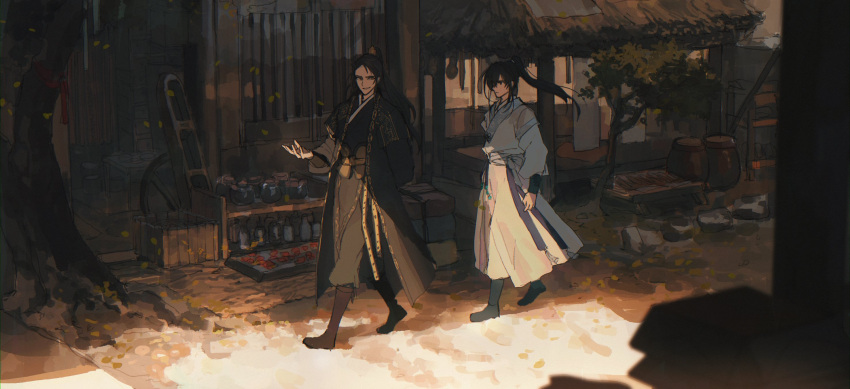 2boys architecture arm_behind_back black_footwear black_hanbok boots bottle brown_eyes building dust_girl east_asian_architecture falling_leaves full_body hanbok high_ponytail highres jinhongi jug_(bottle) korean_clothes korean_commentary leaf long_hair looking_at_another multiple_boys plant seol_young smile thatched_roof tree walking white_hanbok yellow_eyes zaha