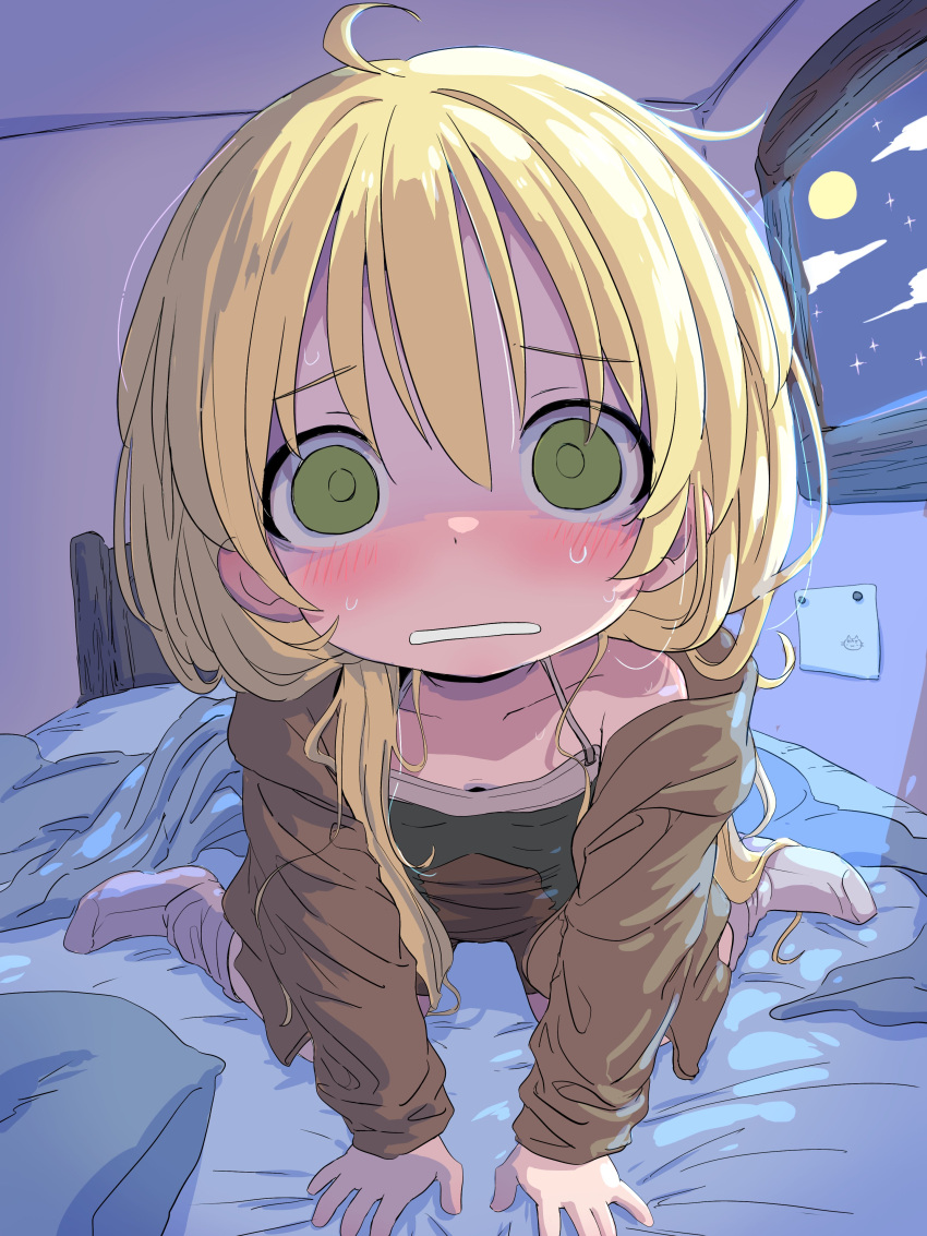 1girl absurdres all_fours blanket blonde_hair blush brown_jacket child full_moon green_eyes green_pupils highres indoors jacket long_hair looking_at_viewer made_in_abyss moon night night_sky on_bed pillow riko_(made_in_abyss) scared sekaineko_001 sky socks solo star_(sky) sweat window