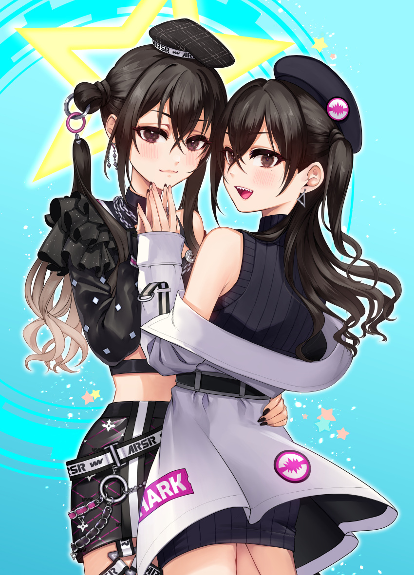 2girls absurdres beret black_hair black_headwear black_skirt blush crossed_bangs detached_hair dual_persona fingernails gradient_hair grey_jacket hair_between_eyes hand_on_another's_waist hat highres idolmaster idolmaster_cinderella_girls jacket jacket_partially_removed light_brown_hair looking_at_viewer midriff mole mole_under_eye multicolored_hair multiple_girls nail_polish sharp_teeth skirt smile star_(symbol) sunazuka_akira teeth woruka