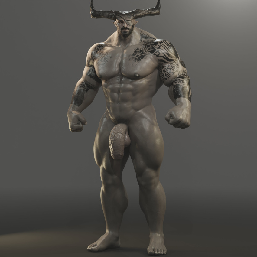 2_horns abs absurd_res anthro arm_tattoo balls biceps chest_tattoo dragon_age eye_patch eyewear genitals hi_res horn humanoid iron_bull male muscular muscular_humanoid muscular_male nipples nude pecs penis qunari scar solo tattoo vein veiny_penis voluox