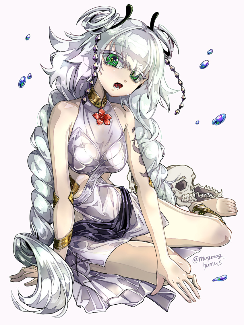 1girl anklet arm_support bracelet braid breasts colored_eyelashes duel_monster full_body green_eyes grey_background highres jewelry long_hair looking_at_viewer medium_breasts open_mouth sitting skull solo tattoo traptrix_genlisea twin_braids very_long_hair white_hair yokozuwari yu-gi-oh! yukitaka_(zzzzz)