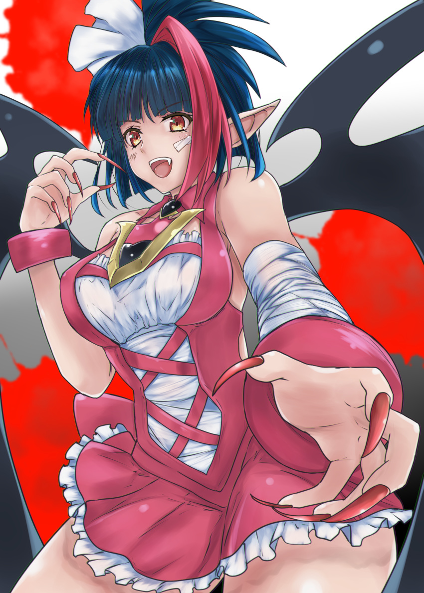1girl absurdres bandaged_arm bandages bandaid bandaid_on_face bare_shoulders bat_wings black_hair blood blood_splatter blush bow breasts claw_pose commentary dress eyebrows_visible_through_hair fang fingernails hair_between_eyes hair_bow highres long_fingernails looking_at_viewer medium_breasts millaarc multicolored_hair open_mouth orange_eyes pink_dress pointy_ears red_hair red_nails senki_zesshou_symphogear shishin_(shishintei) short_hair sleeveless sleeveless_dress solo two-tone_hair vampire white_background wings wrist_cuffs