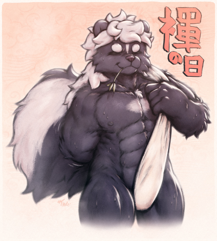abs absurd_res anthro asian_clothing bitfly black_body black_fur bodily_fluids bulge chest_tuft clothed clothing convenient_censorship dressing east_asian_clothing eyes_closed fundoshi fundoshi's_day fundoshi_only fur hair hi_res isaku_morikaze japanese_clothing japanese_text long_hair male mammal markings mephitid multicolored_body multicolored_fur muscular muscular_male pattern_background pecs putting_on_underwear samurai signature simple_background skunk smile solo striped_markings striped_skunk striped_tail stripes sweat tail tail_markings text topless tuft twig_in_mouth underwear underwear_only warrior wet wet_body white_body white_fur white_hair