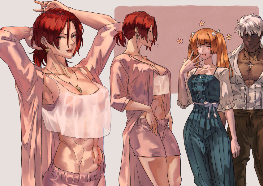 1boy 2girls abs absurdres breasts casual dark_skin highres k'_(kof) kula_diamond multiple_girls pink_sweater red_hair shirt short_hair smile sweater syachiiro t-shirt talking the_king_of_fighters twintails vanessa_(kof)