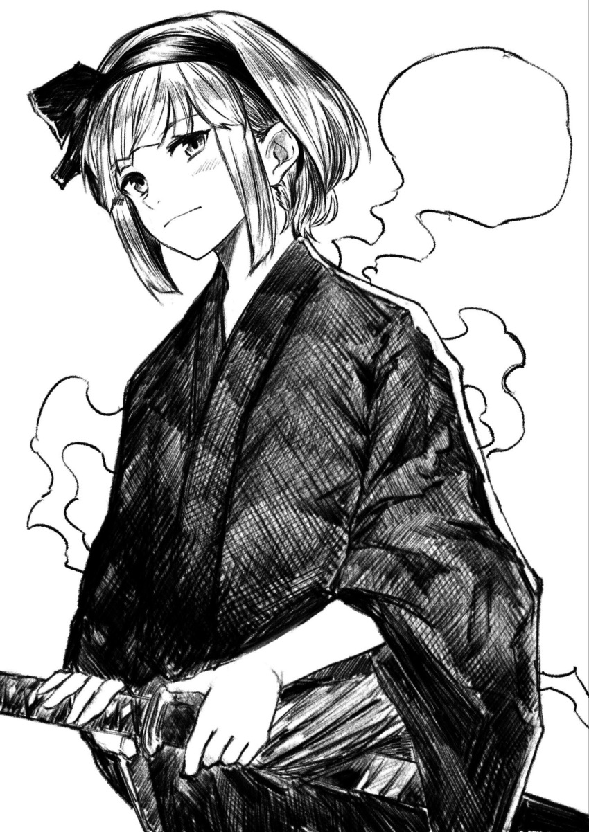 1girl blunt_bangs bob_cut closed_mouth hairband highres holding holding_sword holding_weapon japanese_clothes kimono konpaku_youmu konpaku_youmu_(ghost) monochrome ribbon sen_(daydream_53) solo sword touhou upper_body weapon yukata