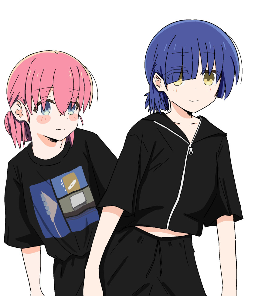 2girls alternate_hairstyle black_hoodie black_shirt blue_eyes blue_hair blush bocchi_the_rock! gotoh_hitori hair_bun highres hood hoodie long_hair looking_at_viewer midriff_peek mole mole_under_eye multiple_girls nekoko_samurai pink_hair ponytail shirt short_ponytail simple_background white_background yamada_ryo yellow_eyes