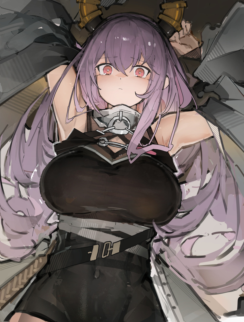 1girl absurdres arknights arm_up breasts covered_navel highres horns jumbowhopper large_breasts long_hair lying on_back purple_eyes purple_hair typhon_(arknights)