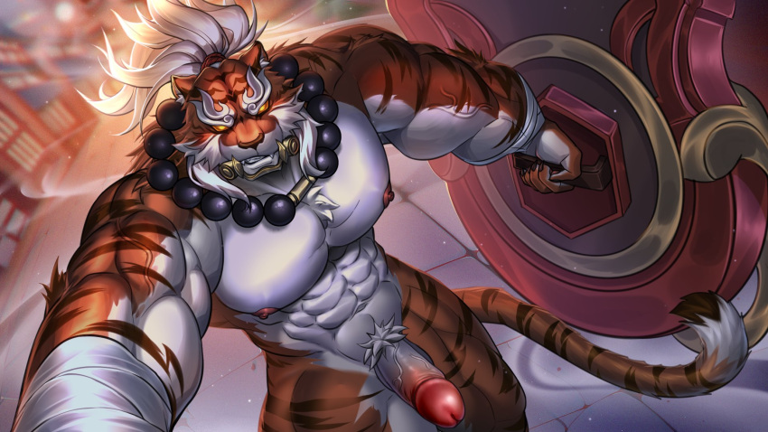2023 5_fingers abs anthro arena_of_valor balls bandage bandaged_arm claws erection felid fingers genitals hair hi_res holding_object holding_shield humanoid_genitalia humanoid_penis jewelry littef looking_at_viewer male mammal muscular muscular_male necklace nipples nude orange_eyes pantherine pecs penis pubes shield solo tiger vein veiny_penis white_hair