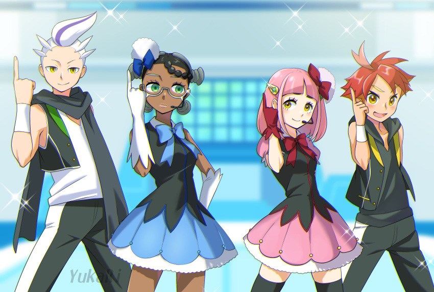 2boys 2girls amarys_(pokemon) arched_bangs black_hair blue_ribbon bow braid closed_mouth cosplay crispin_(pokemon) crossover dark-skinned_female dark_skin drayton_(pokemon) dress glasses gloves green_eyes grey_eyebrows hair_ornament hairclip highres idol kanbara_akihito kanbara_akihito_(cosplay) kuriyama_mirai kuriyama_mirai_(cosplay) kyoukai_no_kanata lacey_(pokemon) medium_hair microphone mismatched_eyebrows multicolored_hair multiple_boys multiple_girls nase_hiroomi nase_hiroomi_(cosplay) nase_mitsuki nase_mitsuki_(cosplay) neck_ribbon open_mouth orange_hair pink_hair pokemon pokemon_sv purple_hair quad_tails red_bow red_gloves red_hair red_ribbon ribbon semi-rimless_eyewear short_hair single_braid smile streaked_hair two-tone_hair white_gloves white_hair yellow_eyes yukari_(yukari21653710)