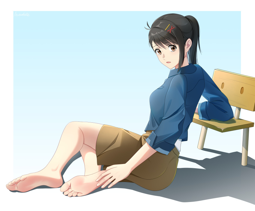 1girl absurdres arendelle barefoot black_hair blue_background blue_shirt blush border breasts brown_eyes brown_shorts chair chinese_commentary collared_shirt commentary_request eyelashes feet full_body gradient_background hair_ornament hand_on_own_foot highres iwato_suzume long_hair long_sleeves looking_at_viewer medium_breasts on_ground open_mouth ponytail shadow shirt shorts single_sidelock sitting soles solo suzume_no_tojimari toenails toes white_border x_hair_ornament