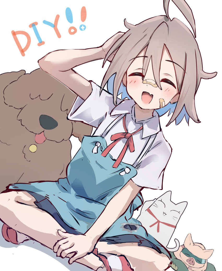 1girl absurdres ahoge apron bandaid bandaid_on_face bandaid_on_nose bare_legs blue_apron blue_hair blue_skirt blush bow bowtie brown_hair cat closed_eyes collared_shirt colored_inner_hair commentary do_it_yourself!! dog highres indian_style looking_at_viewer multicolored_hair open_mouth pig red_bow red_bowtie riu_kawano scratching_head shirt sitting sketch skirt smile white_shirt yua_serufu