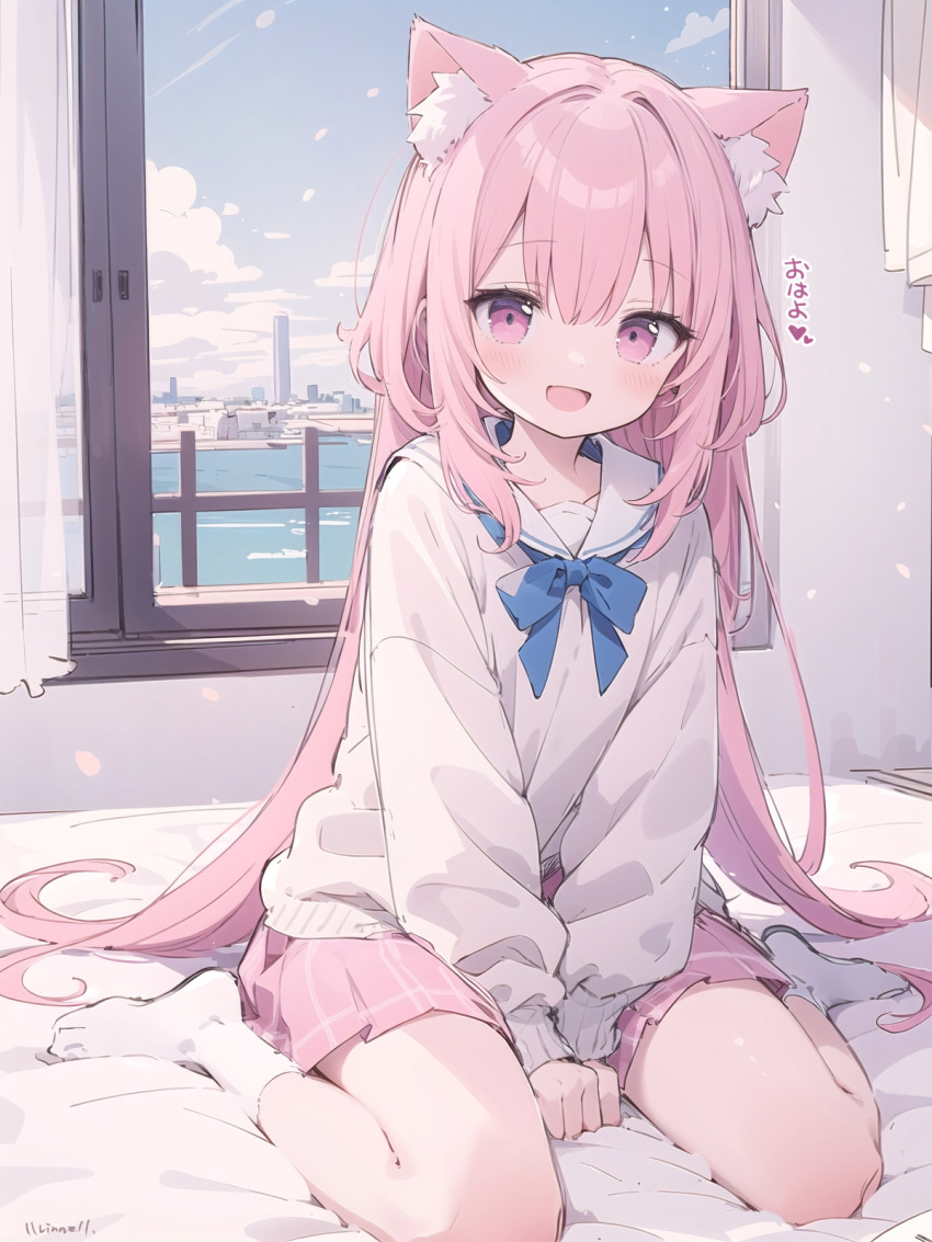 1girl :d ai-generated animal_ears blue_bow blue_bowtie blush bow bowtie commentary_request eyebrows_hidden_by_hair highres llrinnell long_hair long_sleeves looking_at_viewer no_shoes on_bed open_mouth original pink_eyes pink_hair pleated_skirt sailor_collar school_uniform sitting skirt smile socks sweater translated wariza