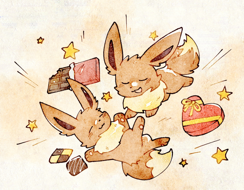 :3 :d ^_^ blush box brown_background candy checkerboard_cookie chocolate chocolate_bar closed_eyes closed_mouth cookie eevee food heart heart-shaped_box highres no_humans open_mouth pokemon pokemon_(creature) simple_background smile star_(symbol) u_u white_background zugvogel_0525