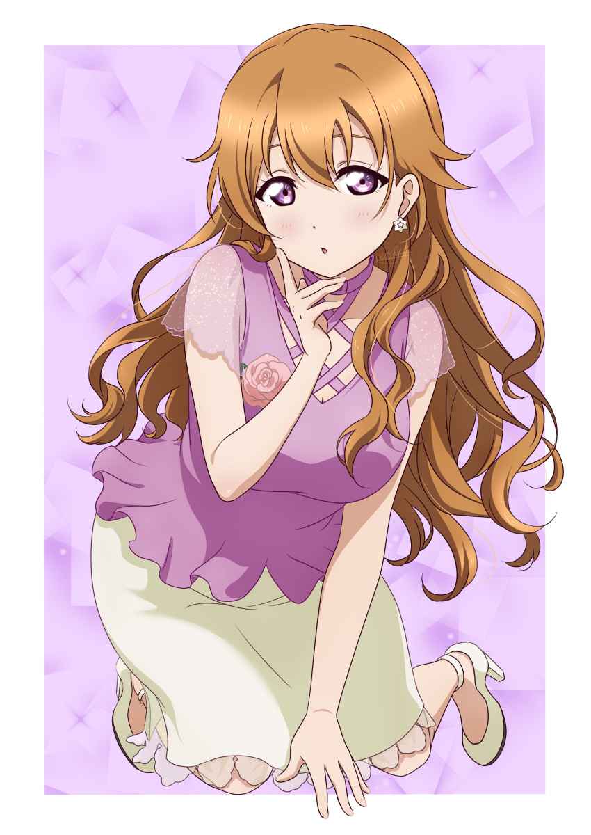 :o absurdres alternate_costume arm_support blouse blush breasts brown_hair commentary_request earrings finger_to_cheek hair_between_eyes high_heels highres index_finger_raised jewelry kneeling konoe_kanata large_breasts long_hair love_live! love_live!_nijigasaki_high_school_idol_club medium_skirt messy_hair neo_(neosky24) parted_lips purple_eyes purple_shirt shirt skirt star_(symbol) star_earrings white_skirt winged_footwear