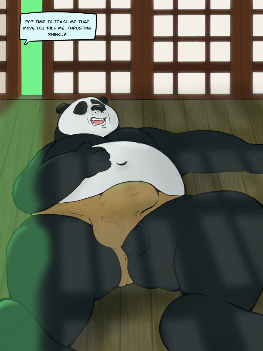 absurd_res balls balls_out bear clothed clothing dialogue dreamworks erection erection_under_clothing feet genitals giant_panda hi_res invalid_tag kung_fu_panda male mamayong_(artist) mammal master_po_ping sleeping slightly_chubby slightly_chubby_male solo thick unexpected_erection