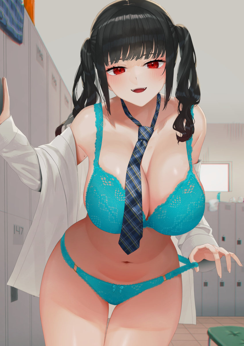 1girl absurdres bench black_hair blue_bra blue_necktie blue_panties bow bow_panties bra breasts cleavage collarbone cowboy_shot fangs highres large_breasts locker locker_room long_hair navel necktie off_shoulder open_clothes open_shirt original panties parted_lips plaid_necktie red_eyes rushian shirt solo thigh_gap twintails underwear white_shirt