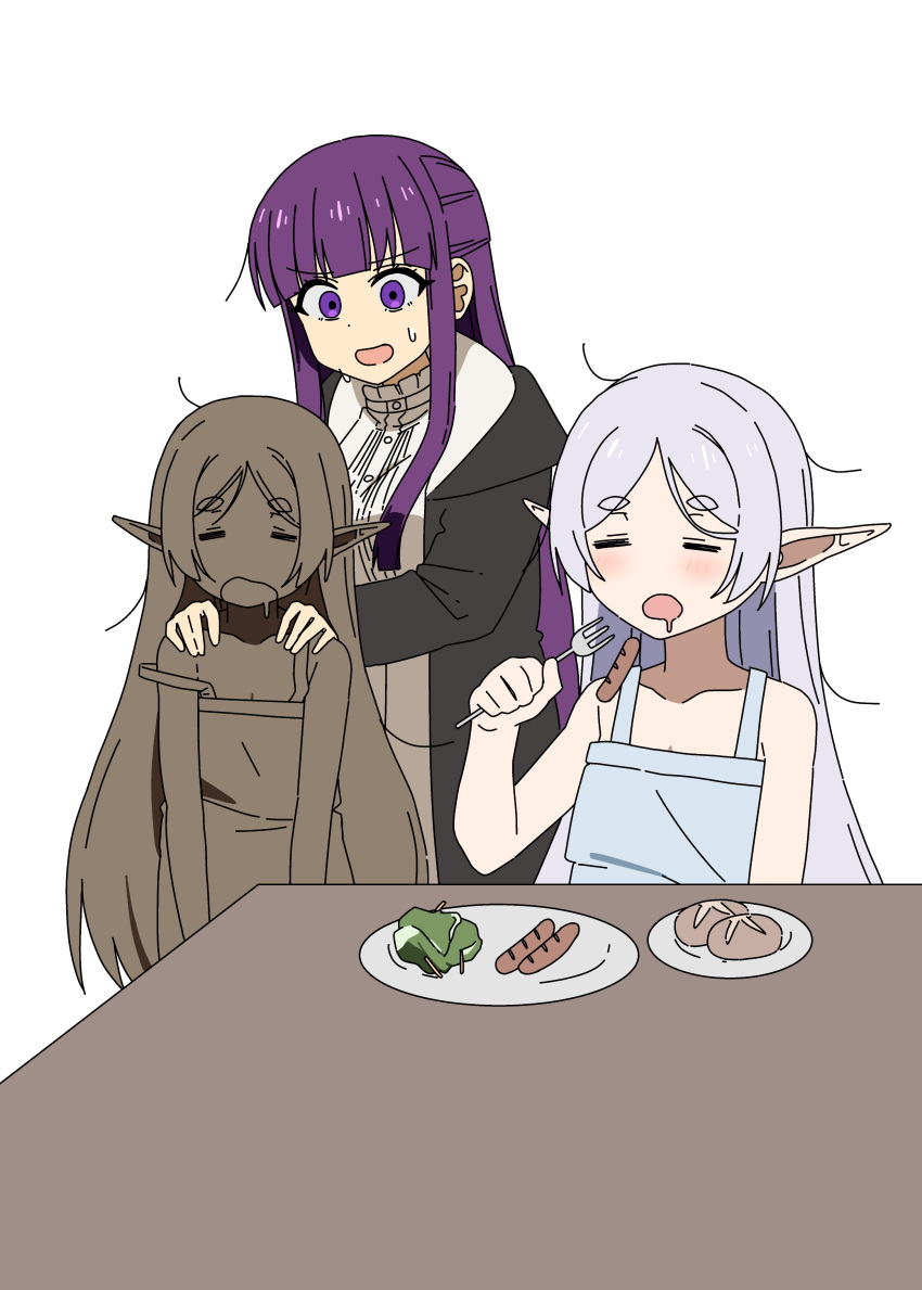 3girls absurdres aroon bare_shoulders clone closed_eyes drooling elf fern_(sousou_no_frieren) food fork frieren hair_down hands_on_another's_shoulders highres holding holding_fork lettuce long_hair mouth_drool multiple_girls open_mouth pointy_ears potato purple_eyes purple_hair saliva sausage simple_background sleepy sousou_no_frieren sweat sweatdrop thick_eyebrows twintails very_long_hair white_background