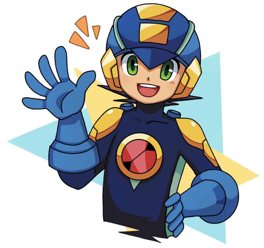 1boy black_hair blue_bodysuit blue_headwear bodysuit emblem green_eyes helmet highres irotoridori2024 looking_at_viewer mega_man_(series) mega_man_battle_network_(series) megaman.exe short_hair simple_background solo spiked_hair upper_body waving