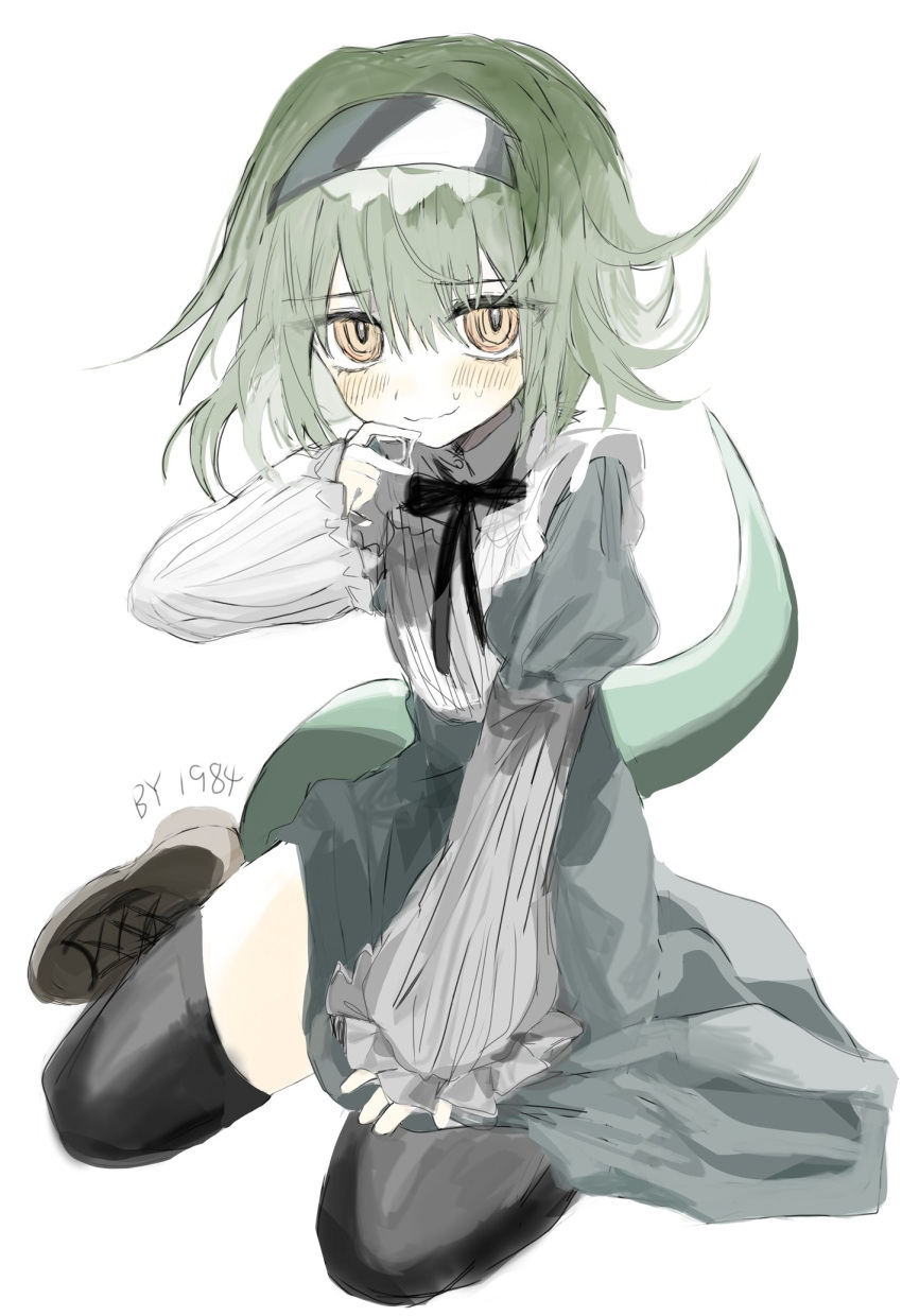 1984_(artist) 1boy bill_(black_souls) black_bow black_bowtie black_hairband black_souls black_thighhighs blush bow bowtie brown_footwear closed_mouth dress full_body green_hair green_tail grey_dress hairband highres juliet_sleeves long_sleeves looking_at_viewer male_focus orange_eyes otoko_no_ko puffy_sleeves simple_background smile solo sweat thighhighs wavy_mouth white_background