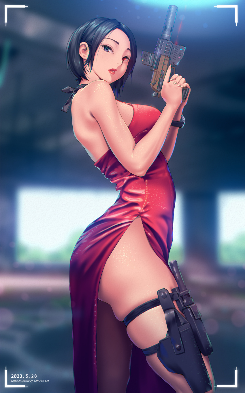 1girl a.x. absurdres ada_wong blue_eyes breasts commentary_request dated dress from_side gun hair_behind_ear heterochromia highres holding holding_gun holding_weapon holster holstered laser_sight medium_breasts parted_lips red_dress red_eyes resident_evil short_hair skindentation solo thigh_holster thigh_strap trigger_discipline viewfinder weapon