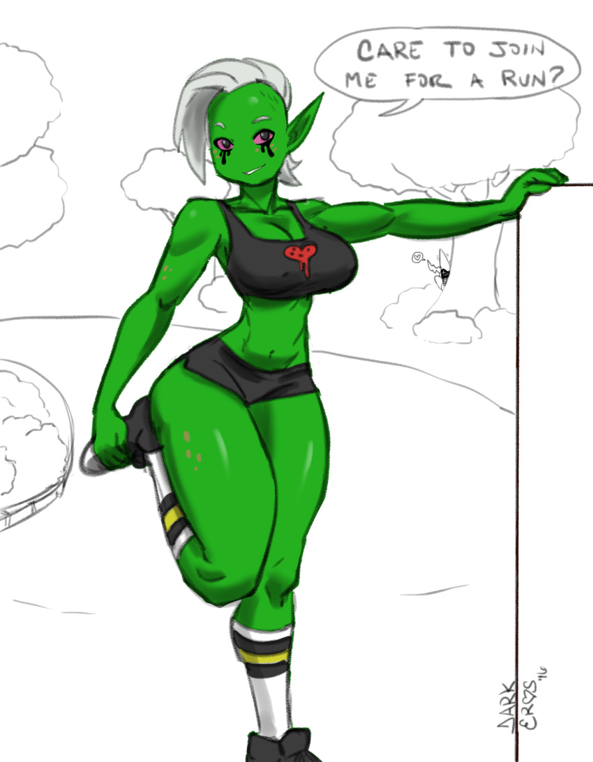 2016 alien alien_humanoid bottomwear bra breasts clothed clothing darkeros dialogue disney english_text eyebrows female fingers footwear full-length_portrait green_body green_skin hair hi_res humanoid humanoid_pointy_ears looking_at_viewer lord_dominator lord_hater midriff not_furry outside pink_sclera portrait shoes shorts signature socks speech_bubble sports_bra text topwear underwear wander_over_yonder