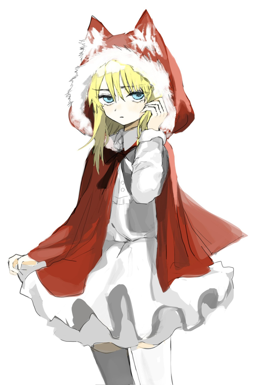 1984_(artist) 1girl black_souls blonde_hair blue_eyes cloak closed_mouth cowboy_shot dress expressionless fur-trimmed_cloak fur_trim hand_up highres hood hooded_cloak long_sleeves looking_at_viewer red_cloak red_hood_(black_souls) simple_background skirt_hold solo thighhighs white_background white_dress white_thighhighs