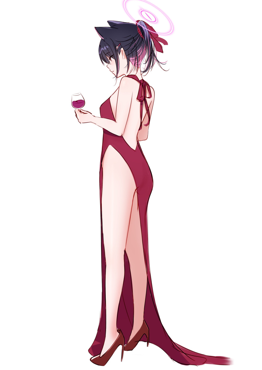 1girl absurdres alcohol animal_ears backless_dress backless_outfit black_hair blue_archive cat_ears cat_girl cup dress drink drinking_glass evening_gown from_side full_body half_updo halo hand_up high_heels highres holding holding_drink kazusa_(blue_archive) legs legs_apart long_dress looking_ahead multicolored_hair pink_hair profile red_dress red_eyes red_footwear short_hair short_ponytail side_slit sidelocks simple_background solo standing streaked_hair thighs white_background wine wine_glass yata_mawari