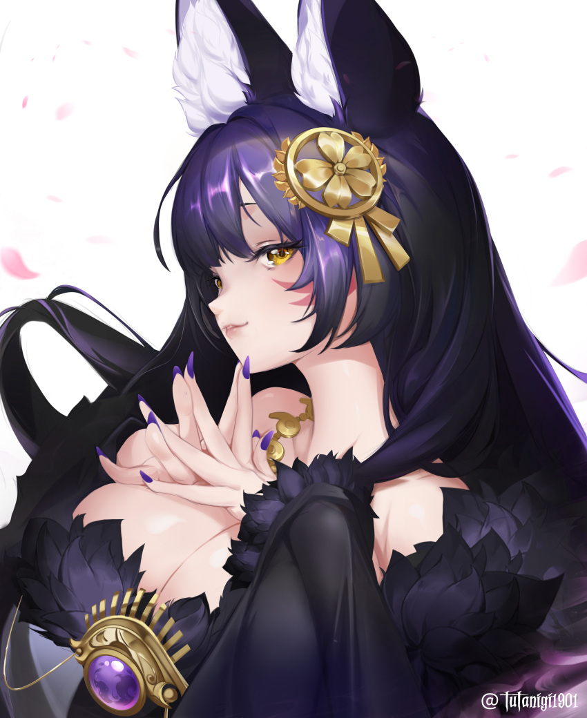 1girl absurdres animal_ear_fluff animal_ears artist_name azur_lane breasts cleavage collarbone facial_mark fox_ears fox_girl from_side gem hair_ornament hands_on_own_chest highres huge_breasts jewelry kitsune looking_at_viewer magatama magatama_necklace musashi_(azur_lane) nail_polish necklace parted_lips petals purple_gemstone purple_nails simple_background solo tutanigi1901 upper_body whisker_markings white_background yellow_eyes
