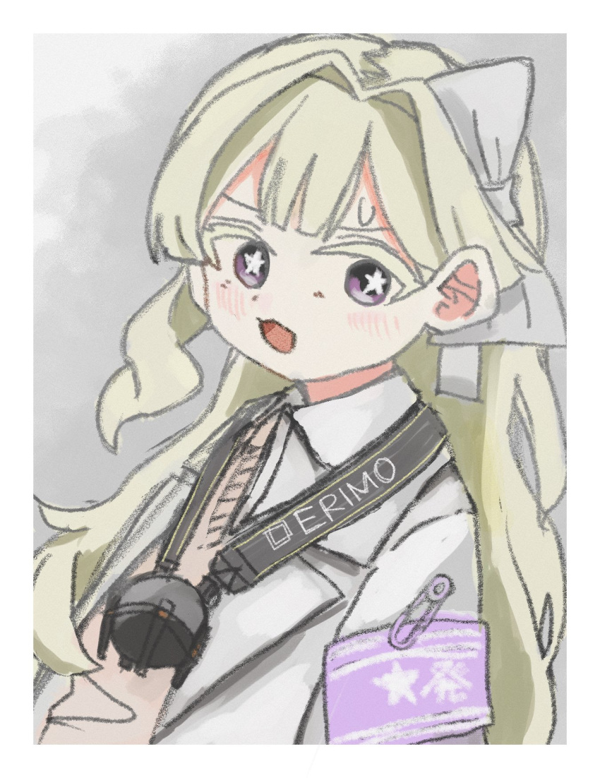 1girl armband blonde_hair blush bow erimo_kudryavka hair_bow highres indie_virtual_youtuber lab_coat lanyard long_hair looking_at_viewer meta0614 open_mouth purple_eyes safety_pin solo star-shaped_pupils star_(symbol) symbol-shaped_pupils upper_body white_bow