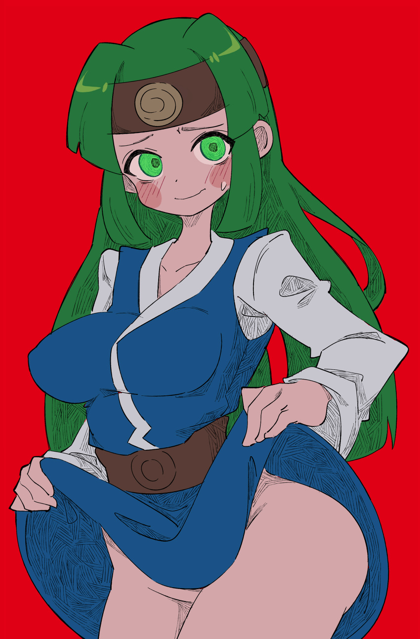 1girl absurdres blue_dress blush_stickers bottomless breasts buzzlyears clothes_lift collarbone commentary covered_nipples dress green_eyes green_hair headband highres large_breasts long_hair mega_man_(series) mega_man_battle_network_(series) red_background sal_(mega_man) simple_background skirt skirt_lift solo