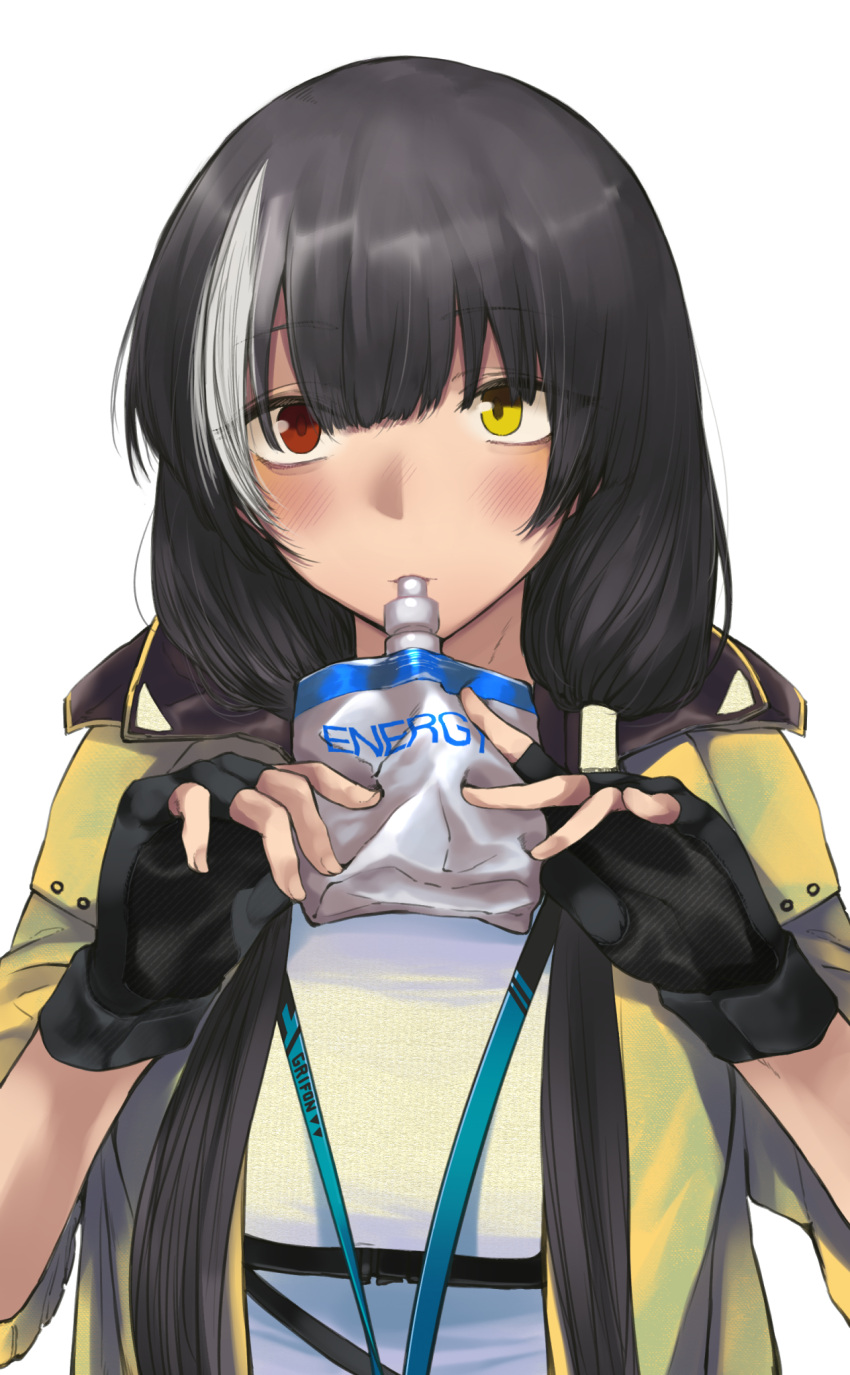 black_gloves black_hair breasts drinking girls'_frontline gloves highres jacket kojima_(blue_stardust) looking_at_viewer multicolored_eyes multicolored_hair ro635_(girls'_frontline) shirt simple_background solo twintails yellow_jacket yellow_shirt