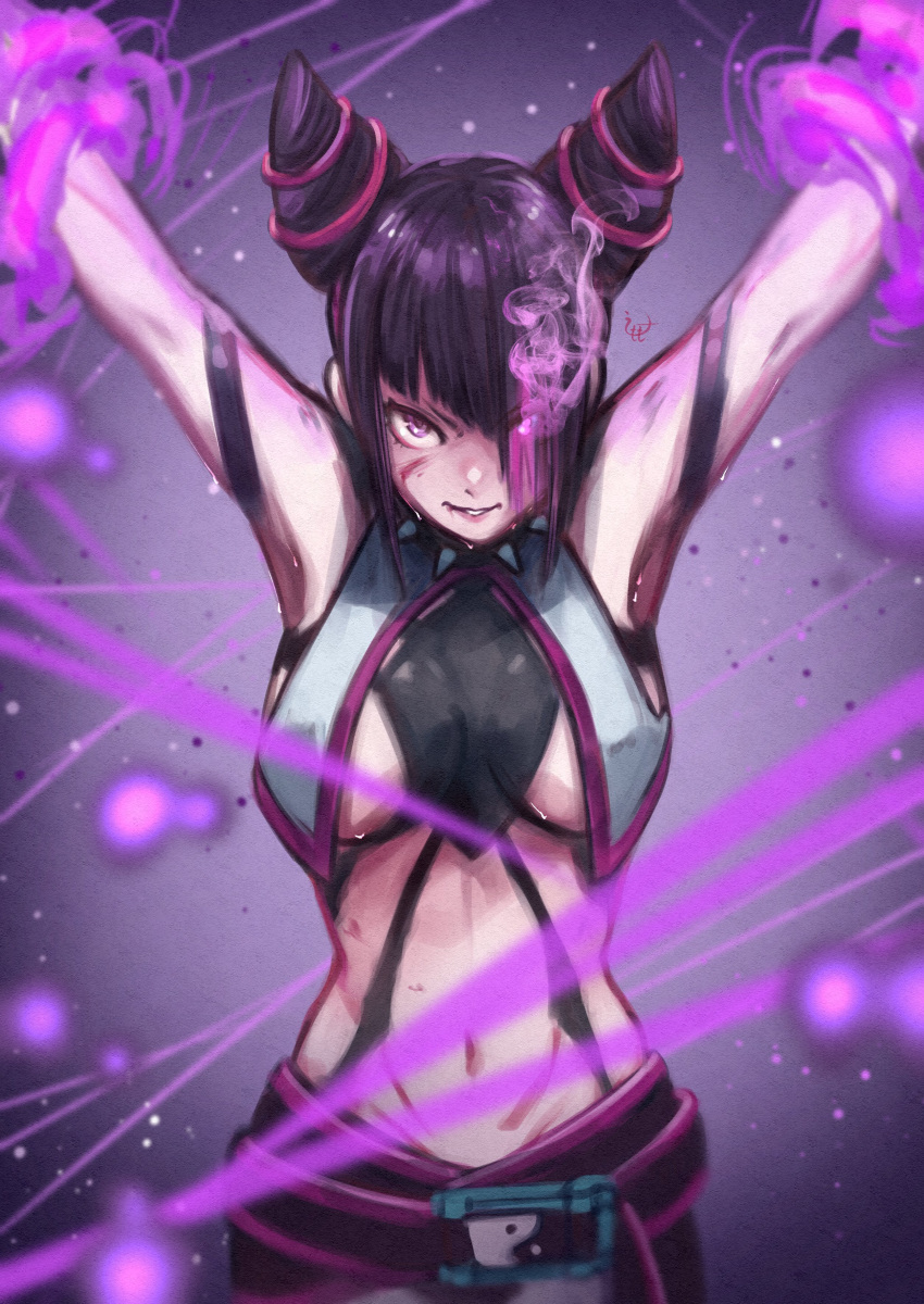 1girl absurdres arms_up black_hair breasts collar commentary_request crop_top diagonal_bangs drill_hair eyes_visible_through_hair glowing glowing_eyes hair_over_one_eye han_juri heterochromia highres looking_at_viewer medium_breasts medium_hair momo_juice multicolored_hair navel pink_eyes pink_hair pink_lips restrained revealing_clothes smile solo spiked_collar spikes streaked_hair street_fighter street_fighter_6 teeth twin_drills twintails two-tone_hair