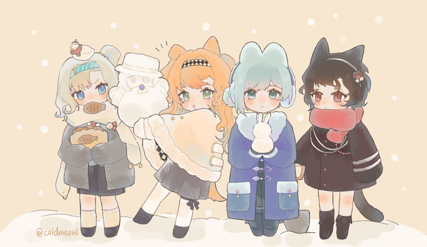 4girls :d animal_ears animal_on_head artist_name bag bird black_coat black_footwear black_hair black_pants blue_coat blue_eyes blue_hairband cat_ears cat_tail character_snowman checkered_hairband chibi cloak coat coldmeow dog_ears dot_mouth duck earmuffs food food_in_mouth foot_up full_body fur-trimmed_cloak fur-trimmed_coat fur_trim green_eyes grey_coat grey_eyes grey_hair grey_shorts grey_skirt hair_bun hairband head_tilt highres holding holding_bag holding_shovel holding_snowman kemonomimi_mode long_hair looking_at_viewer matilda_bouanich medium_hair multiple_girls notice_lines on_head one_side_up orange_background orange_hair pants pants_under_skirt paper_bag planted planted_shovel rabbit_ears red_eyes red_scarf reverse:1999 scarf schneider_(reverse:1999) short_hair shorts shovel signature single_side_bun skirt sleeves_past_fingers sleeves_past_wrists smile snow snowing socks sonetto_(reverse:1999) standing standing_on_one_leg tail taiyaki vertin_(reverse:1999) wagashi white_cloak white_pants white_scarf white_socks