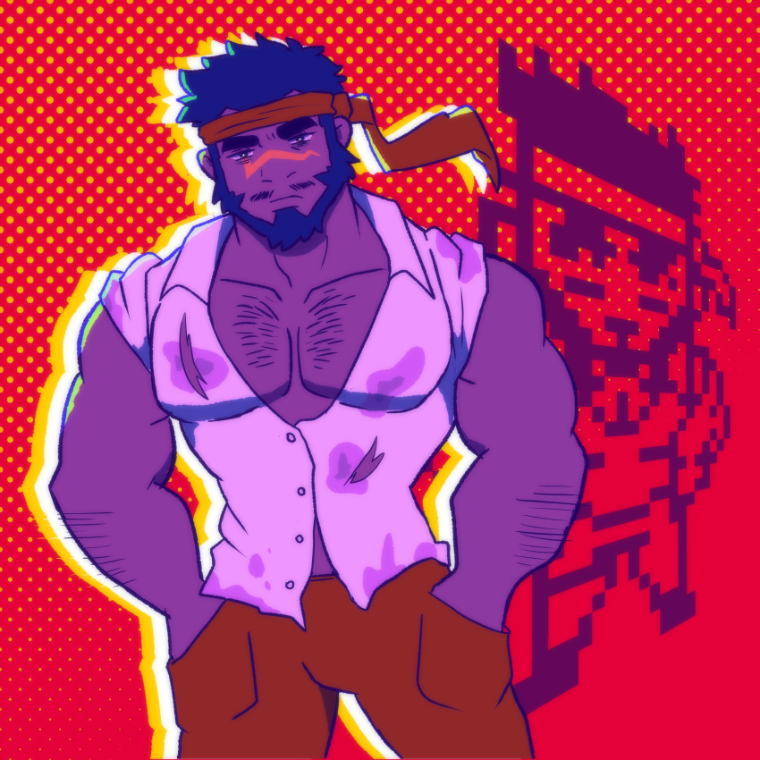 1boy absurdres bara beard black_headband borrowed_character cowboy_shot dark-skinned_male dark_skin facial_hair full_beard headband highres huge_eyebrows looking_ahead male_focus mature_male midriff_peek muscular muscular_male original pectoral_cleavage pectorals pencil_mustache perro_comics shirt sleeves_rolled_up solo sparse_chest_hair standing thick_beard torn_clothes torn_shirt tsurime