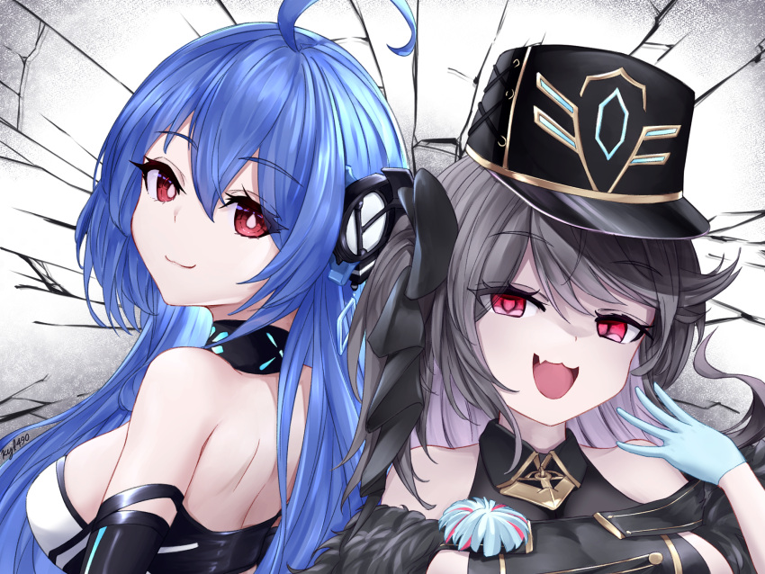 2girls :3 :d azur_lane back-to-back bare_shoulders black_gloves black_hair blue_gloves blue_hair breasts coat dress elbow_gloves english_commentary fang fur-trimmed_coat fur_trim gloves hair_between_eyes hand_up hat headgear helena_(azur_lane) helena_(meta)_(azur_lane) highres kyl490 large_breasts long_hair looking_at_viewer looking_back medium_breasts multiple_girls pamiat_merkuria_(azur_lane) pamiat_merkuria_(meta)_(azur_lane) pink_eyes red_eyes side_ponytail sleeveless sleeveless_dress smile smug strapless strapless_dress upper_body very_long_hair