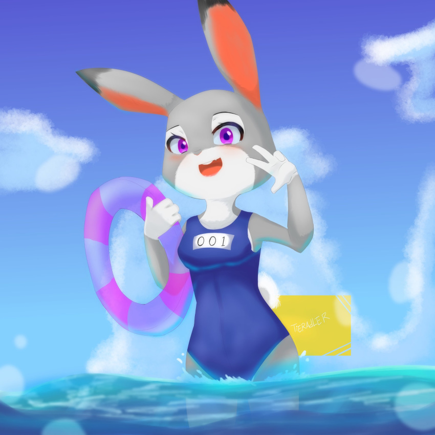 1:1 2020 anthro blush breasts buckteeth clothed clothing cloud disney female fully_clothed hi_res inner_tube judy_hopps lagomorph leporid mammal one-piece_swimsuit open_mouth open_smile outside partially_submerged rabbit sky smile solo swimwear teeth tieradler water zootopia